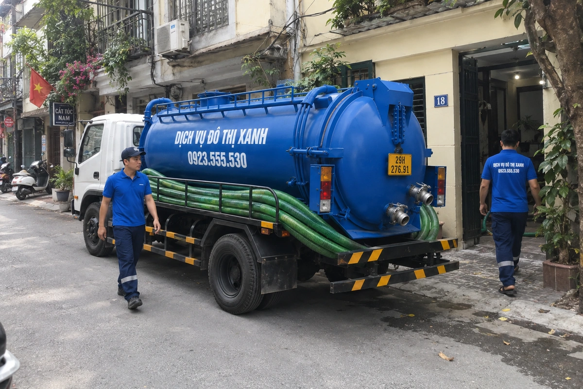 Xe hút bể phốt và nhân viên trong khu dân cư