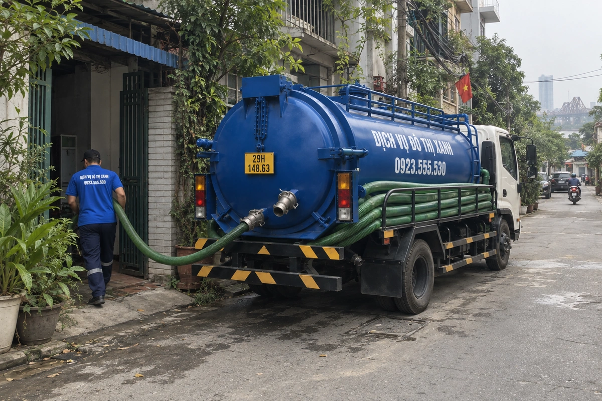 Xe hút bể phốt đỗ trước nhà dân với ống hút nối vào bên trong