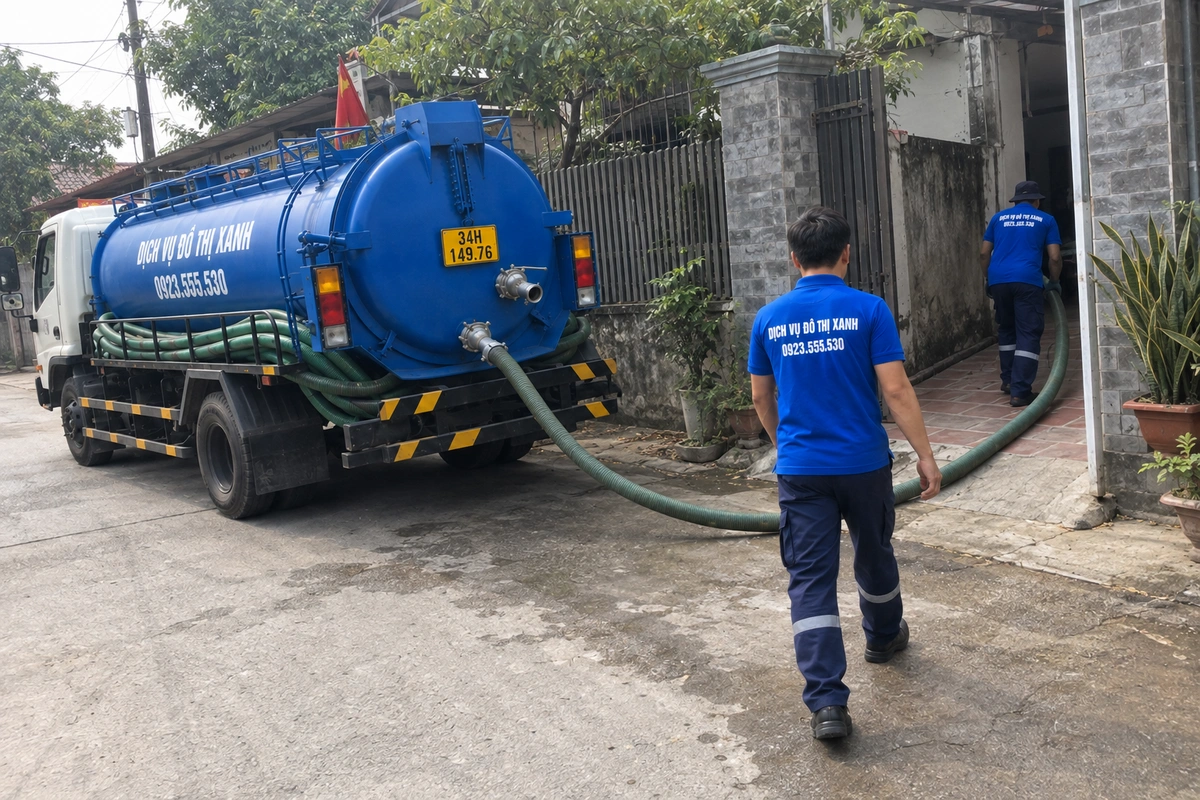 Hút bể phốt Chí Linh: khảo sát dung tích và lối tiếp cận 1 Xe hút bể phốt và ống dẫn qua cổng vào nhà