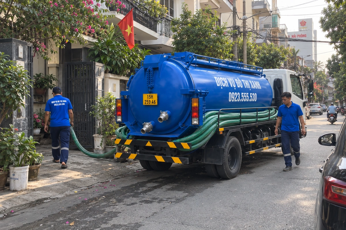 Xe hút bể phốt và ống dẫn vào nhà