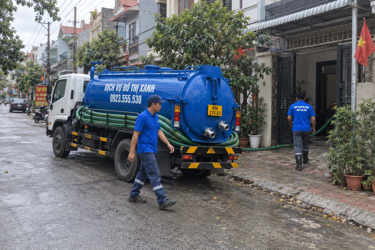 Hút bể phốt Ân Thi: chuẩn bị thông tin trước khi đặt lịch 3 Nhân viên đưa ống từ xe hút bể phốt vào nhà