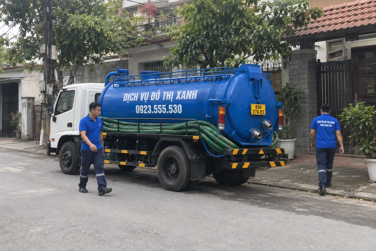 Hút bể phốt Ân Thi: chuẩn bị thông tin trước khi đặt lịch 1 Xe hút bể phốt đậu trước nhà cùng nhân viên