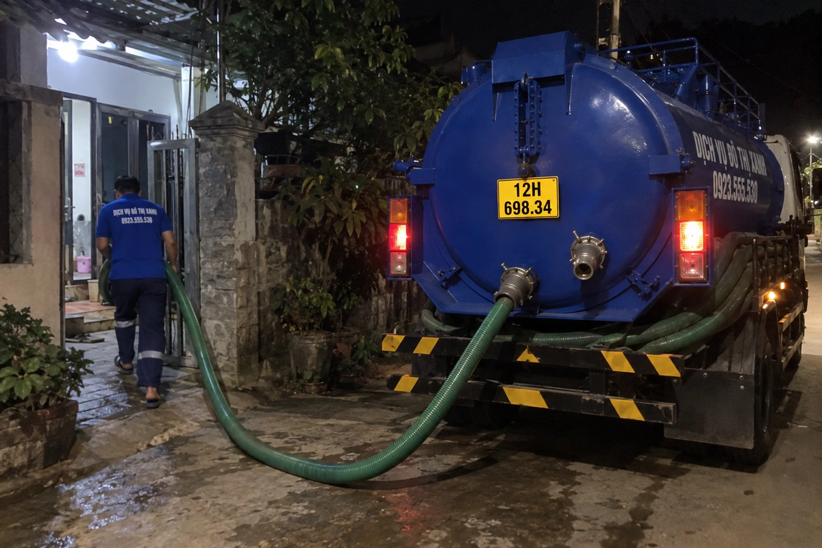 Hút bể phốt tại Lạng Sơn đo khối tại chỗ, xe vào ngõ dốc 2 Ống hút bể phốt dẫn từ xe vào nhà ban đêm