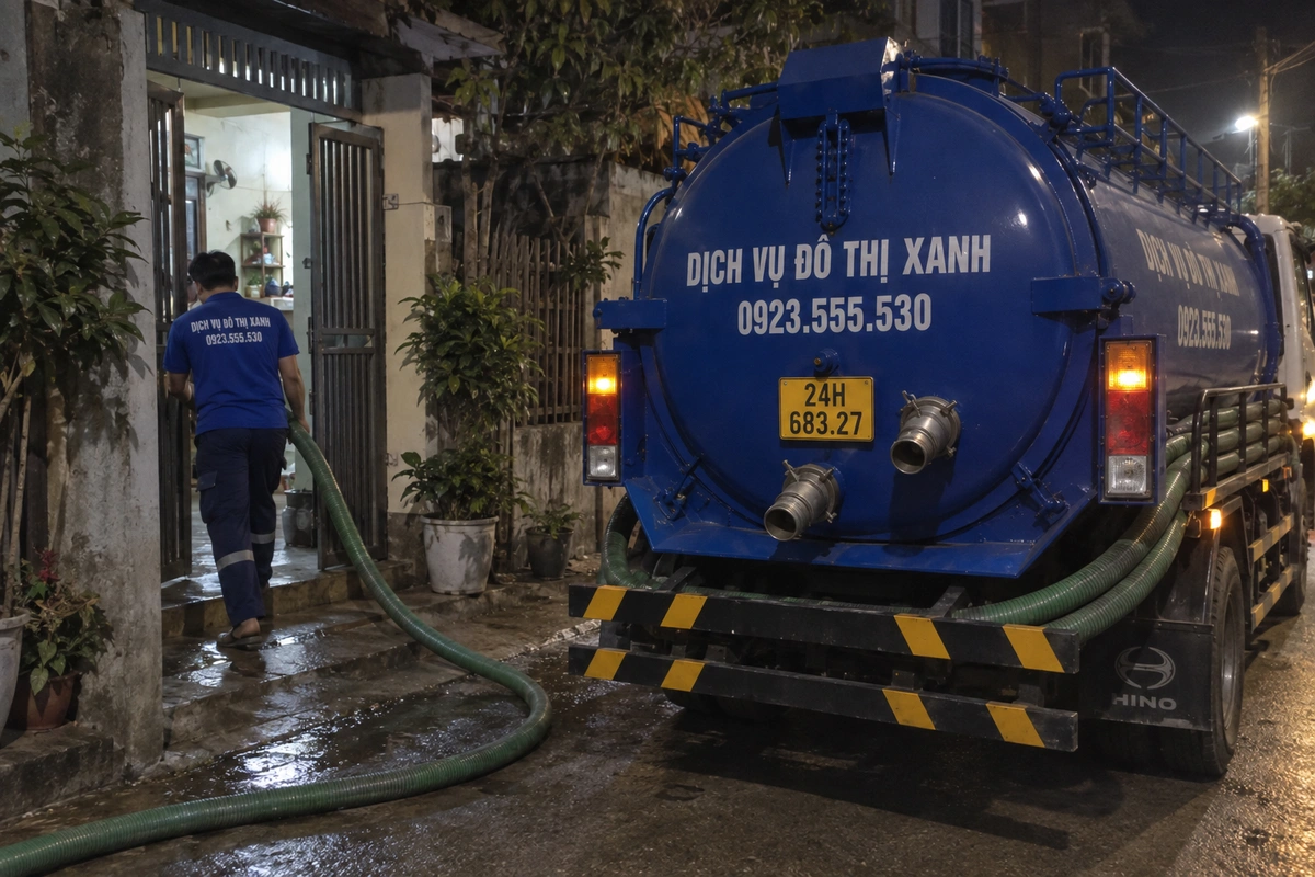 Ống hút bể phốt dẫn từ xe vào nhà ban đêm