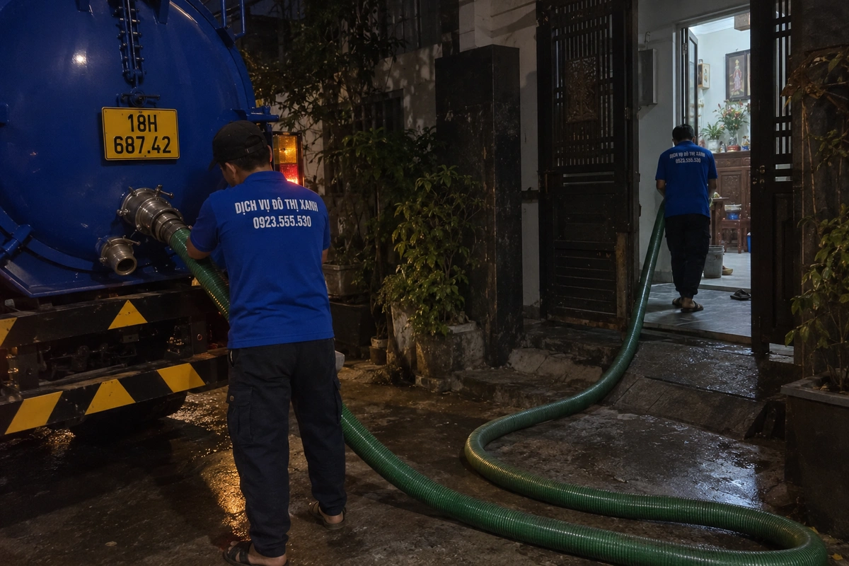 Nhân viên nối ống hút bể phốt từ xe vào nhà
