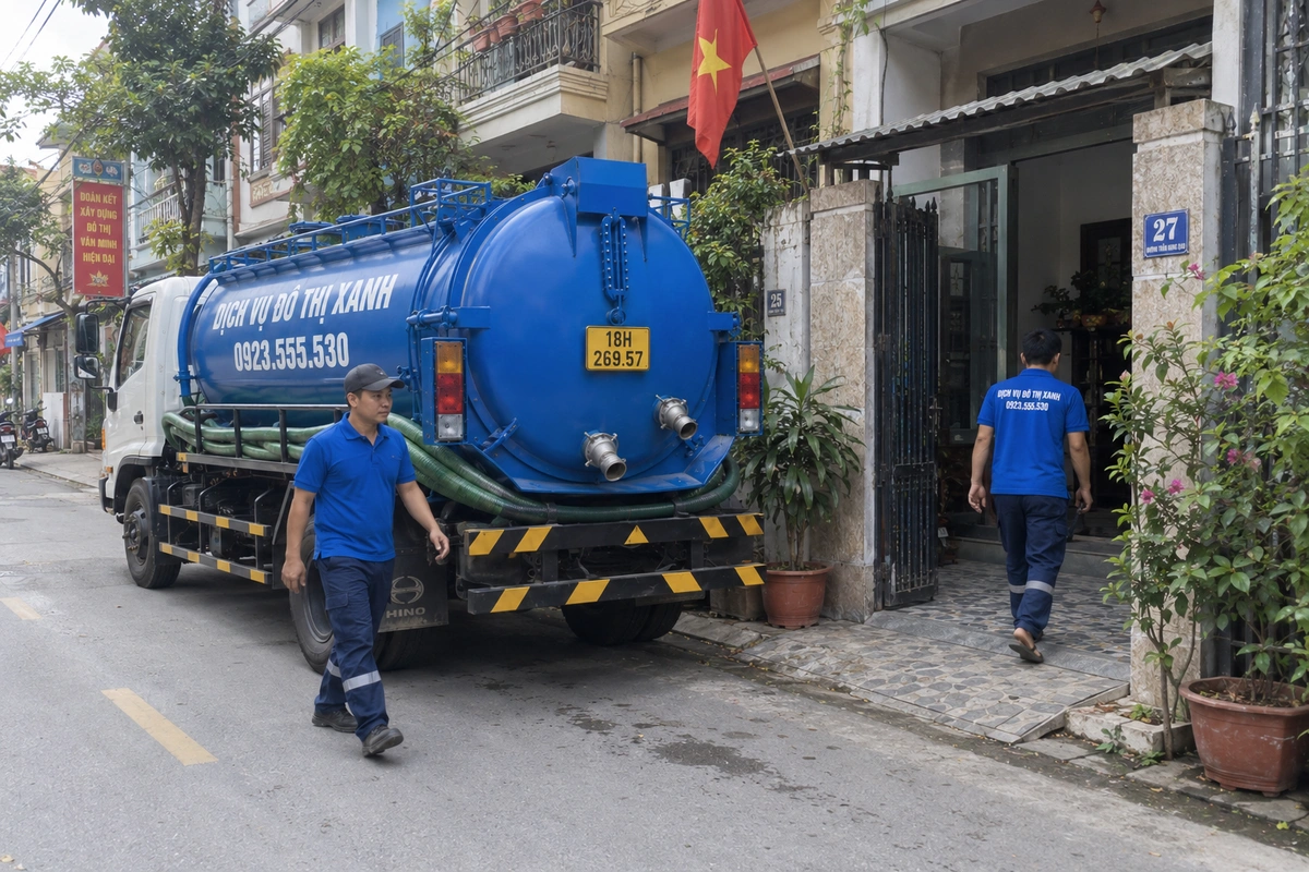Xe hút bể phốt đậu trước nhà cùng nhân viên