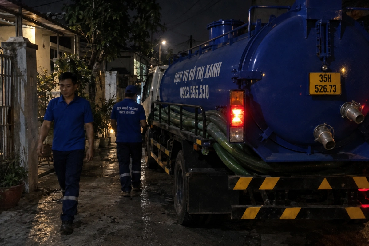 Nhân viên bên xe hút bể phốt ban đêm
