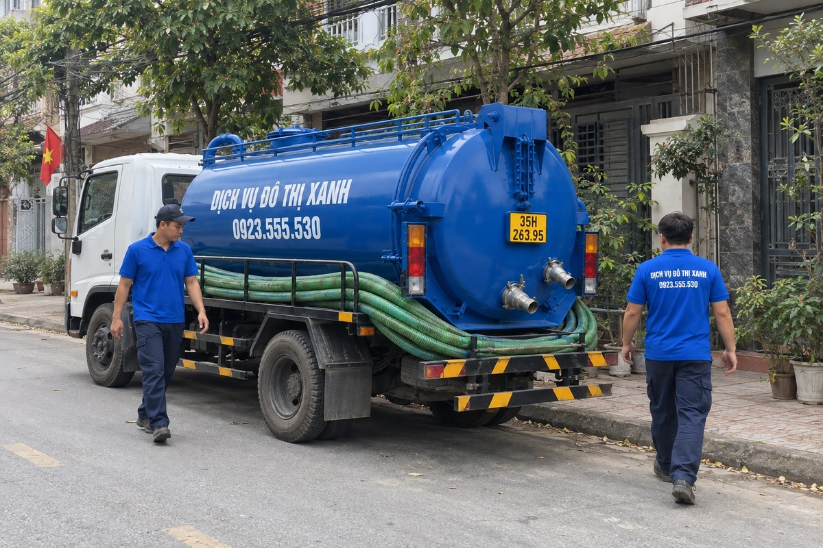 Xe hút bể phốt trước nhà dân