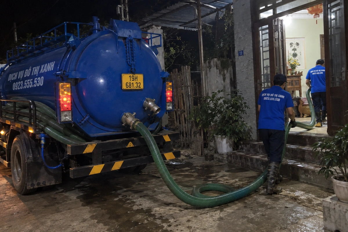 Hút bể phốt tại Phú Thọ đo sức chứa, báo giá trọn gói 2 Nhân viên kéo ống hút bể phốt vào nhà ban đêm
