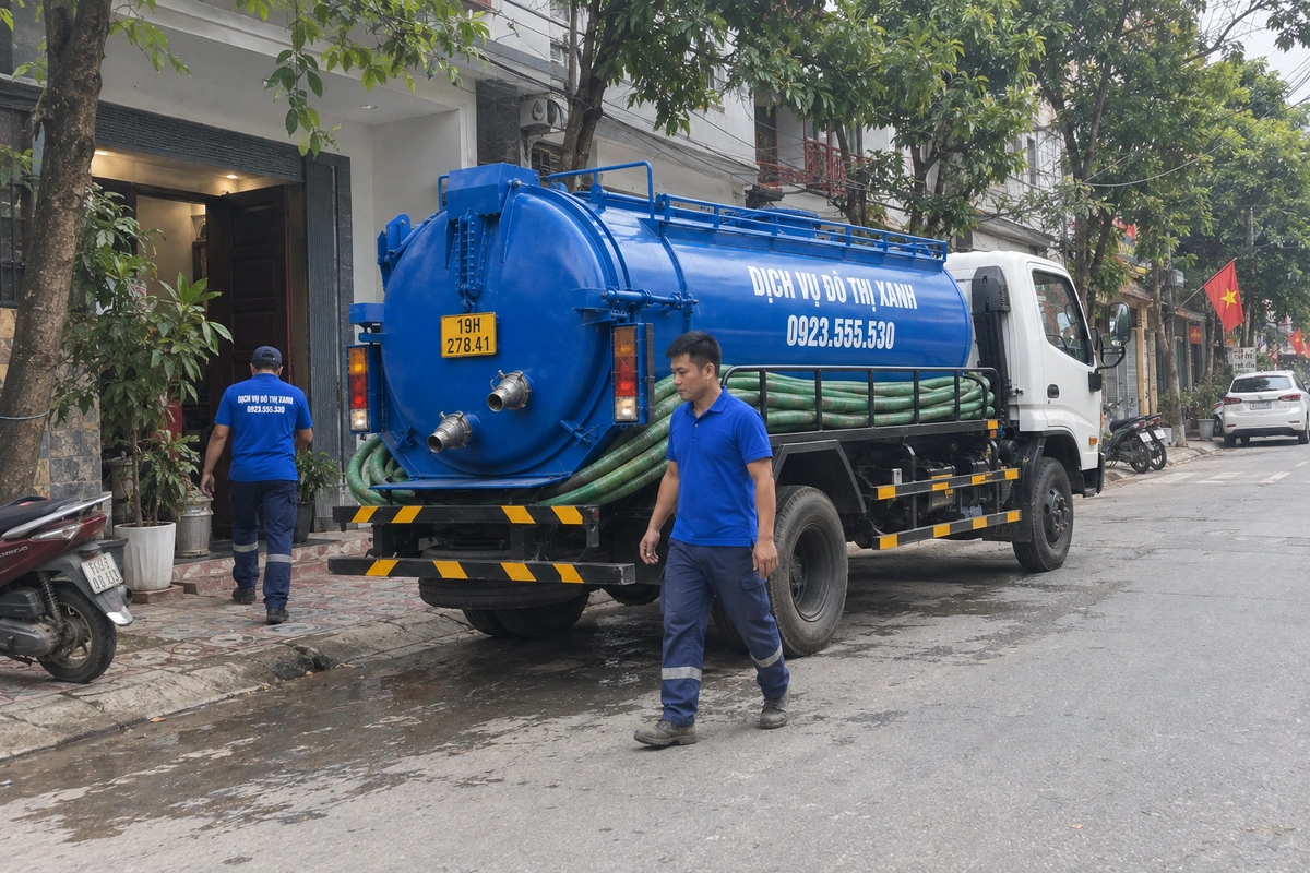Hút bể phốt tại Phú Thọ đo sức chứa, báo giá trọn gói 1 Xe hút bể phốt trước nhà dân
