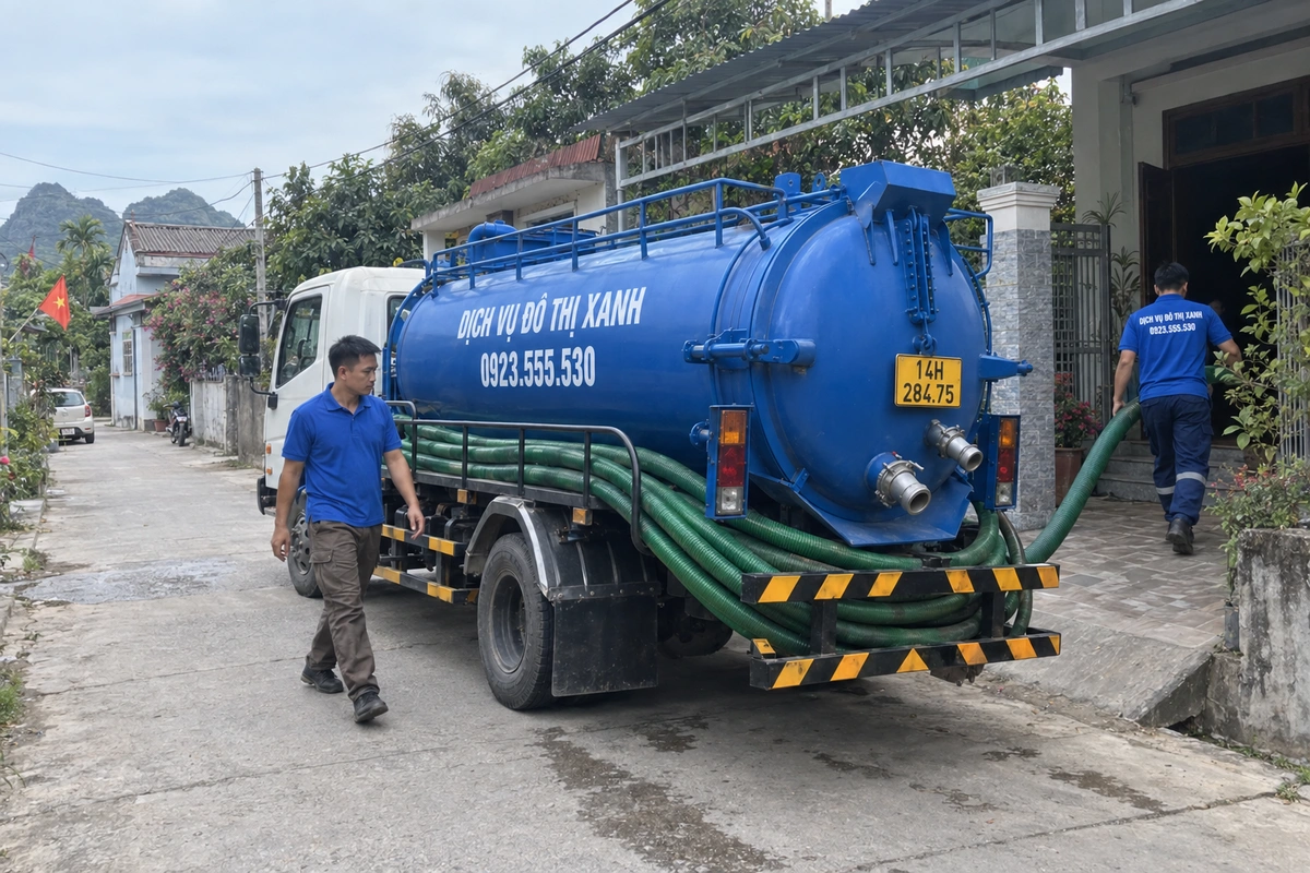 Hút hầm cầu Quảng Ninh: kiểm tra và nghiệm thu rõ ràng 1 Xe hút hầm cầu trước nhà dân