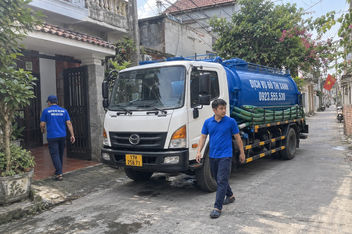 Xe hút bể phốt đậu trước nhà cùng nhân viên