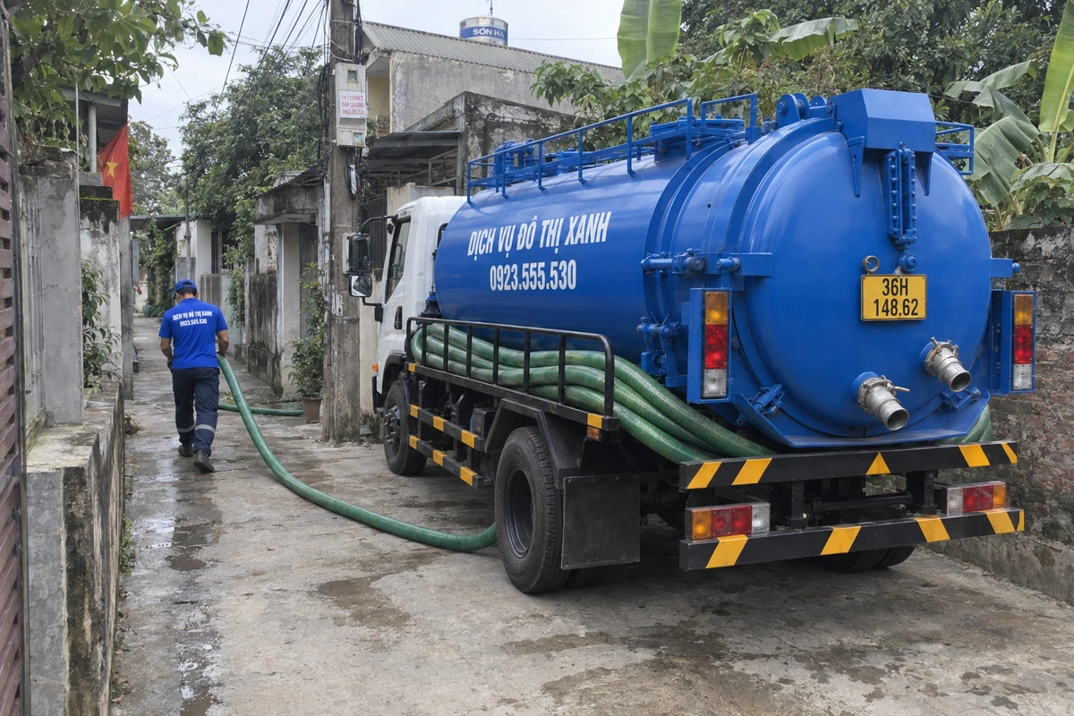 Xe hút bể phốt và nhân viên kéo ống trong đường hẻm