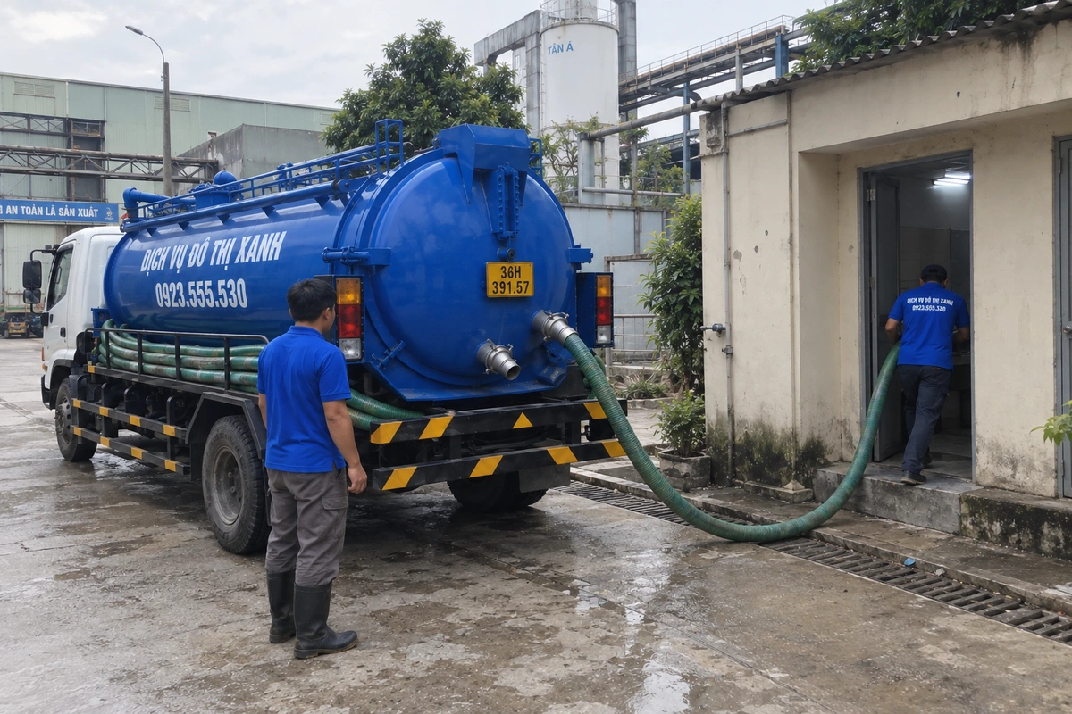 Xe hút bể phốt và nhân viên tại khu nhà xưởng