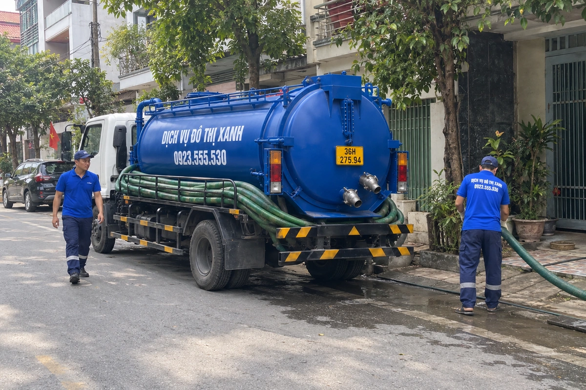 Xe hút bể phốt và nhân viên trước nhà dân
