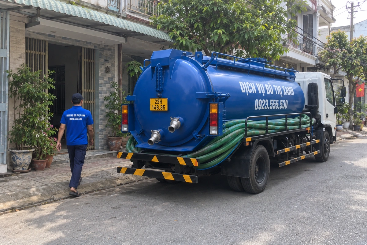 Xe hút bể phốt trước nhà dân