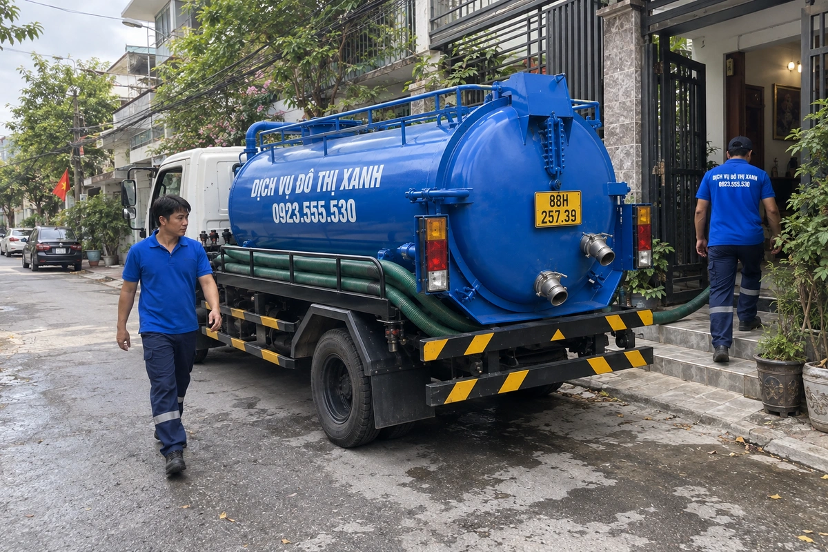 Xe hút bể phốt đỗ trước nhà cùng nhân viên