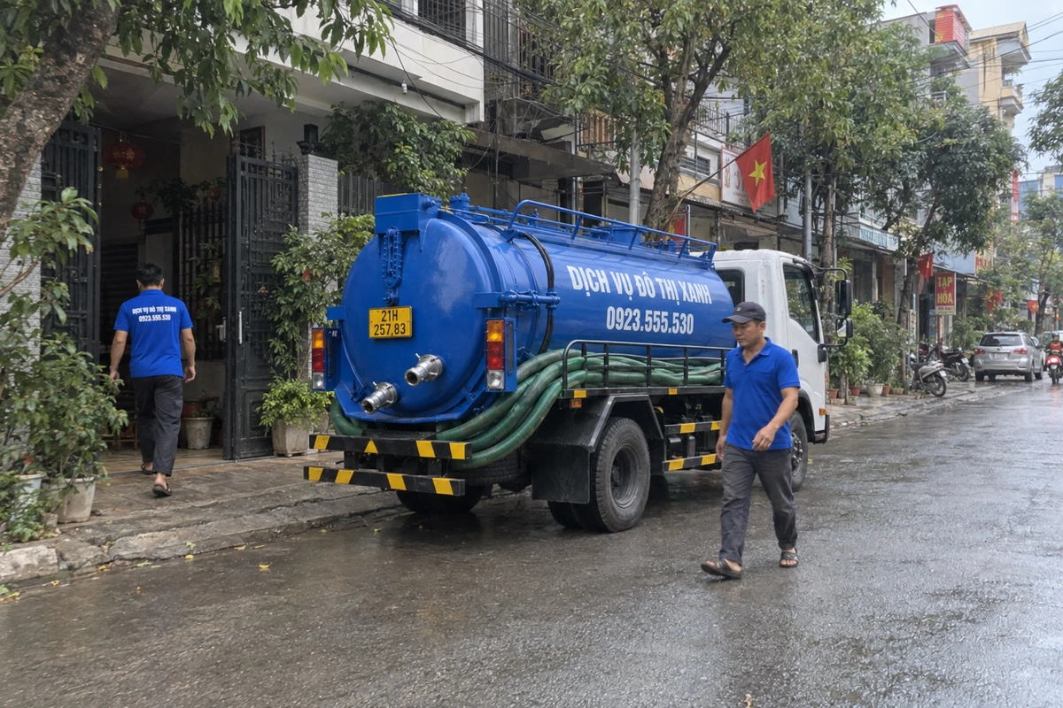 Xe hút bể phốt trước nhà dân