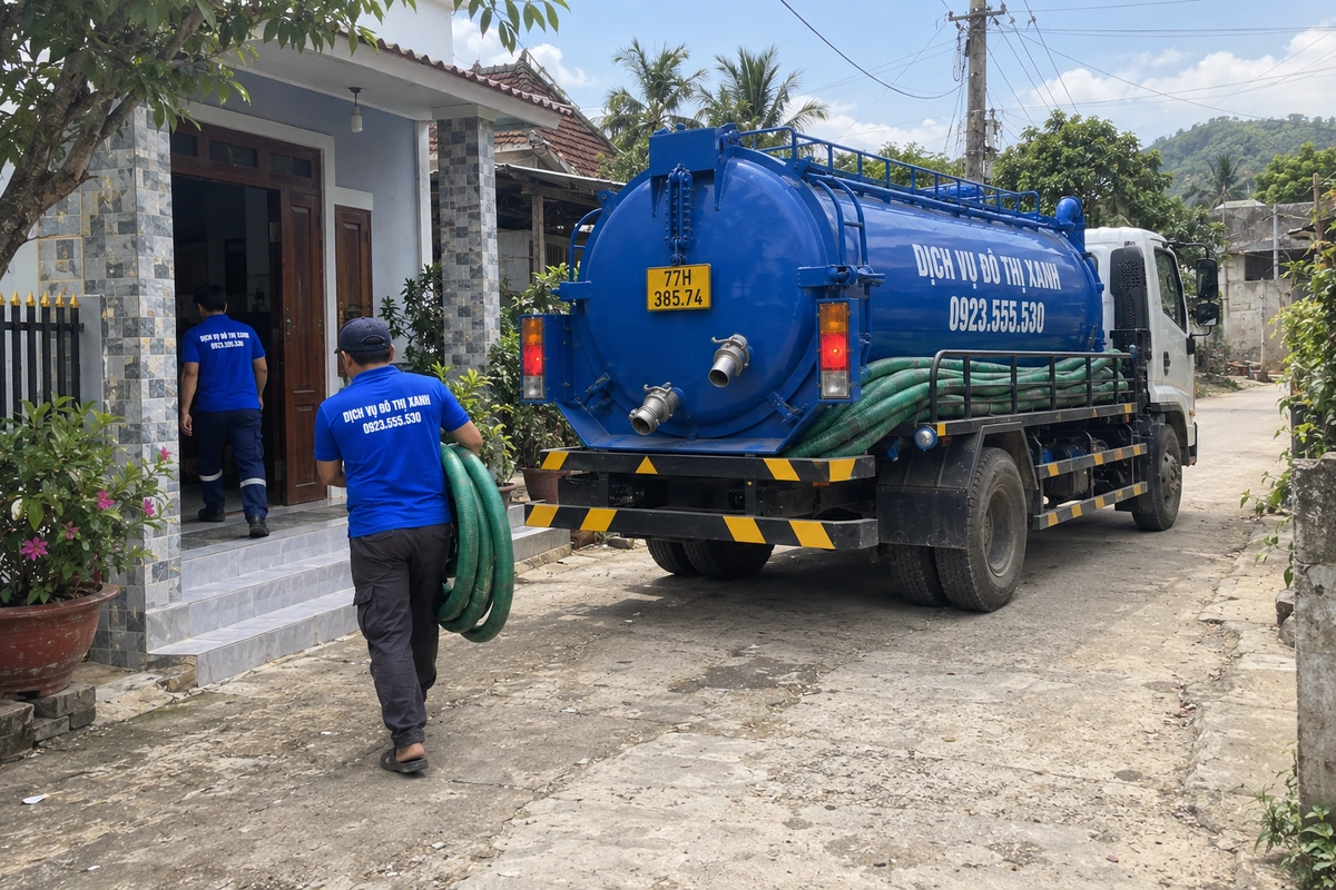 Xe hút hầm cầu đỗ cạnh nhà dân ở Bình Định