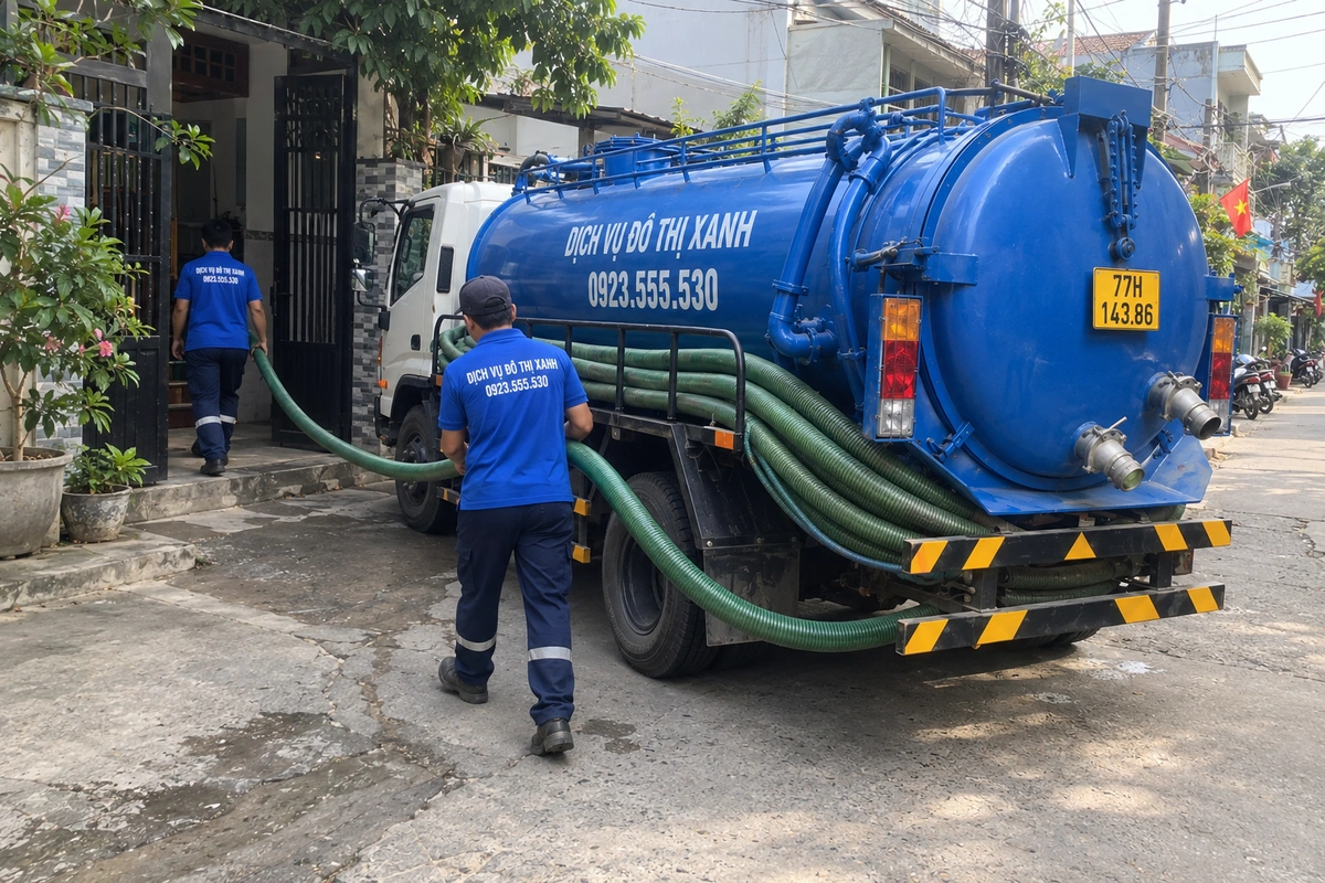 Xe hút hầm cầu và nhân viên đưa ống vào nhà trong hẻm Bình Định