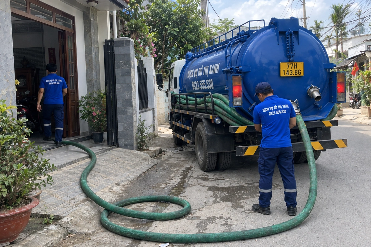 Xe hút hầm cầu đỗ trước nhà với ống nối vào cổng