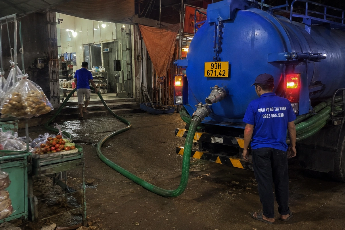 Xe hút hầm cầu và nhân viên làm việc ban đêm