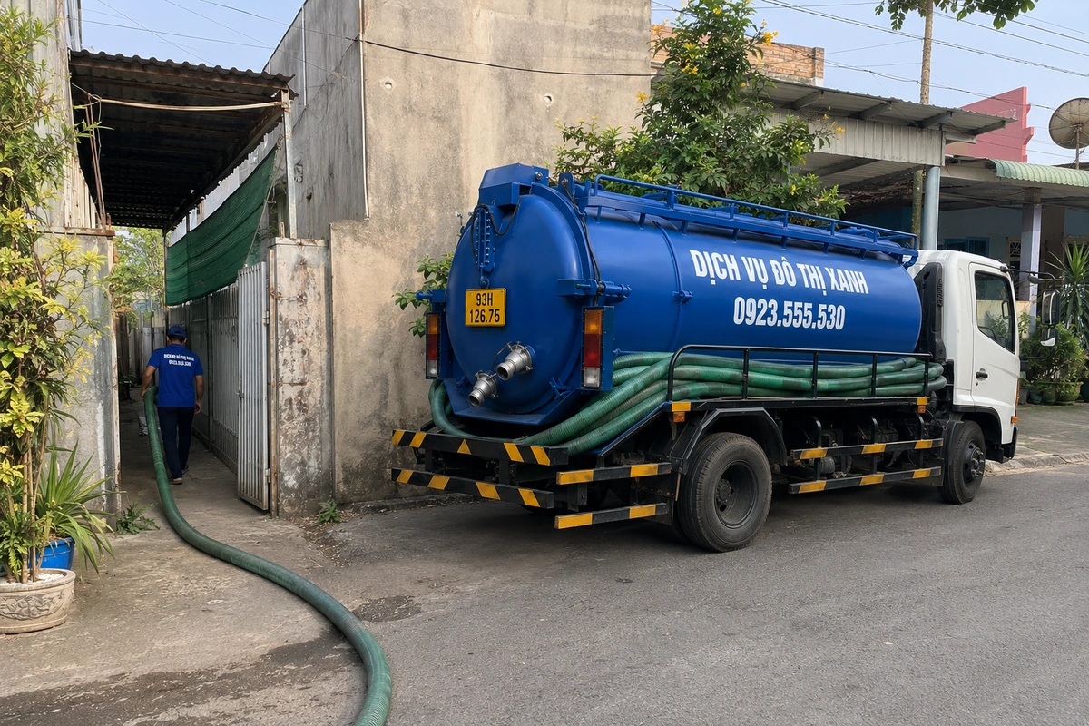 Xe hút hầm cầu đậu ngoài cổng và ống dẫn vào nhà