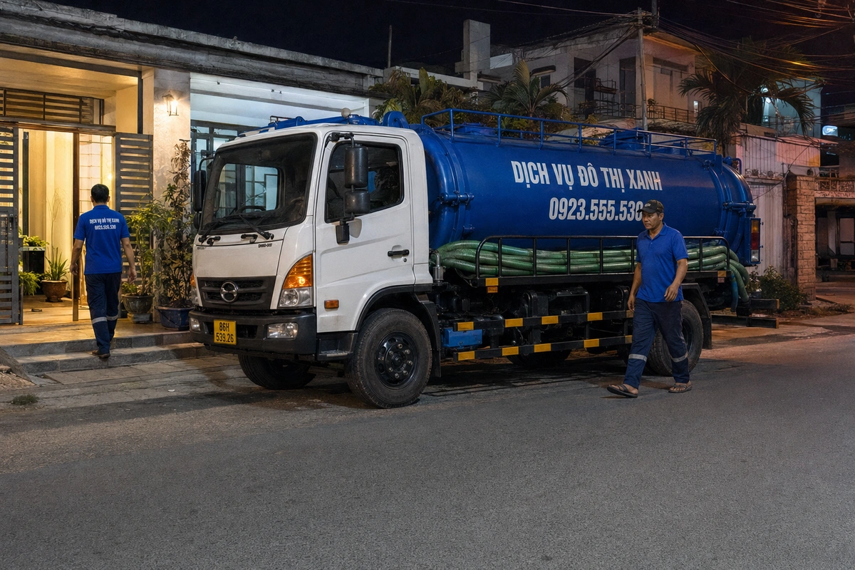 Xe hút hầm cầu và nhân viên làm việc ban đêm