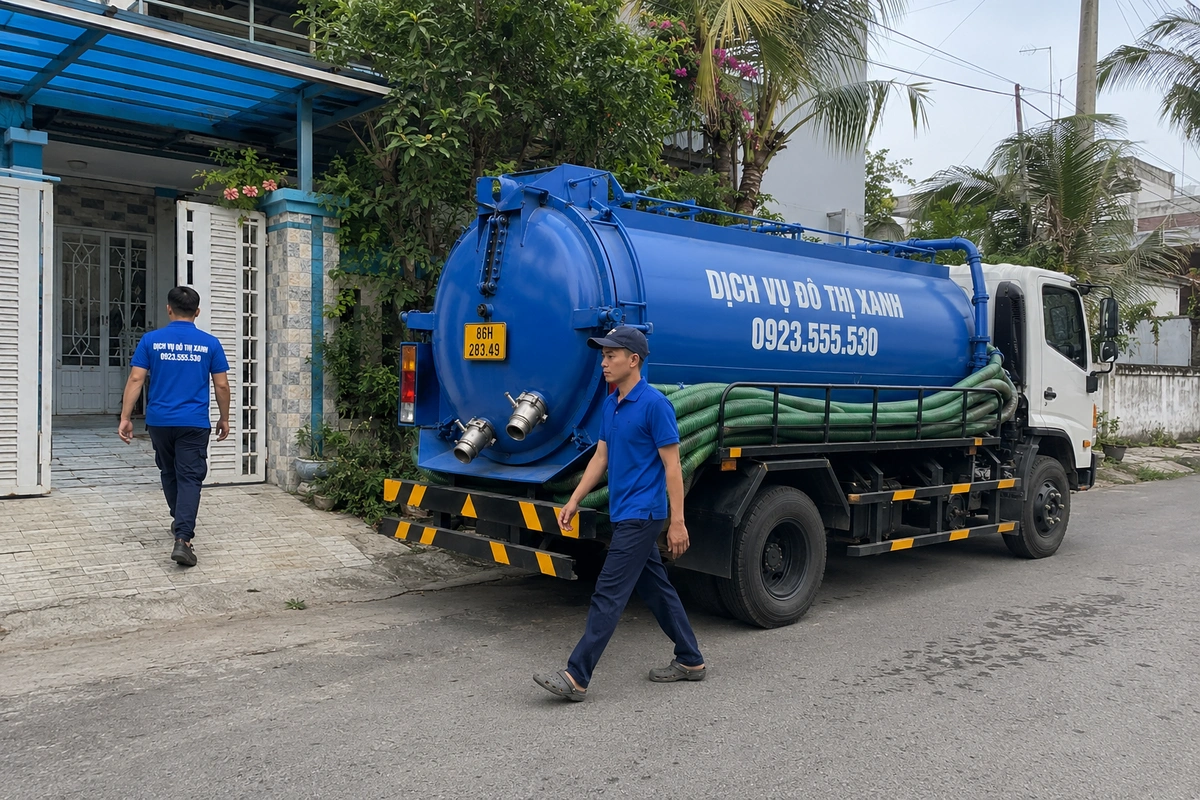 Xe hút hầm cầu và nhân viên trước nhà dân