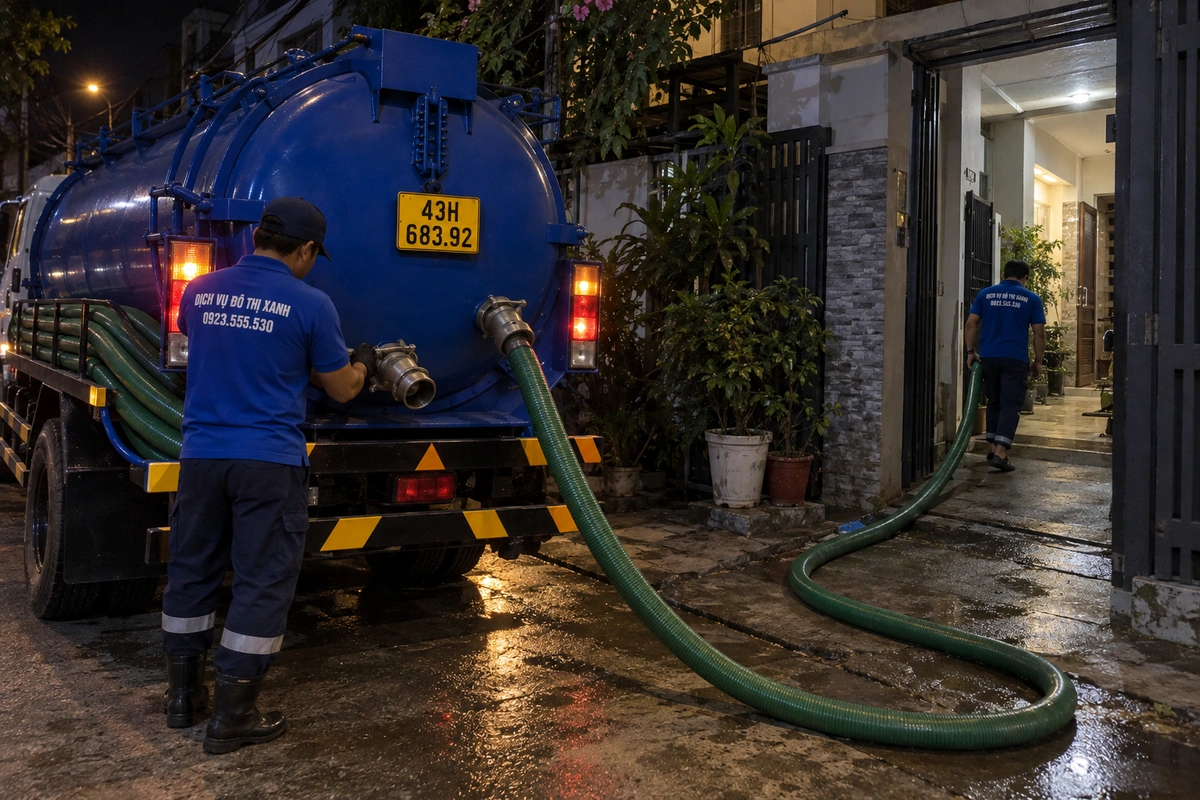 Xe hút hầm cầu Đà Nẵng phục vụ nhà dân vào ban đêm