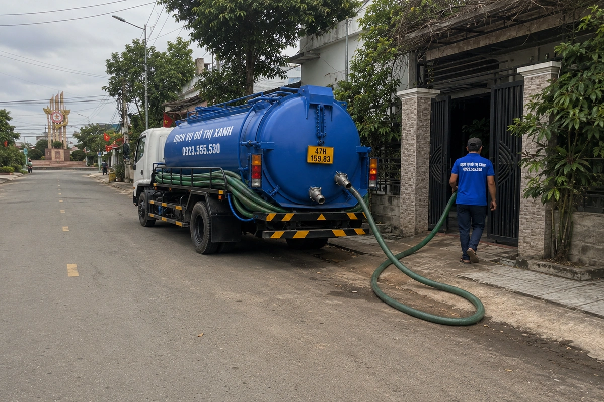 Xe hút hầm cầu trước nhà dân
