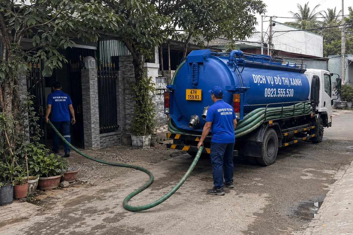 Nhân viên đưa ống hút từ xe bồn vào nhà