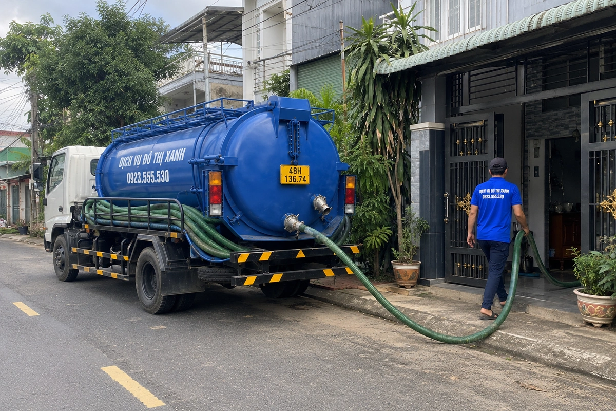 Xe hút hầm cầu dẫn ống qua cổng nhà