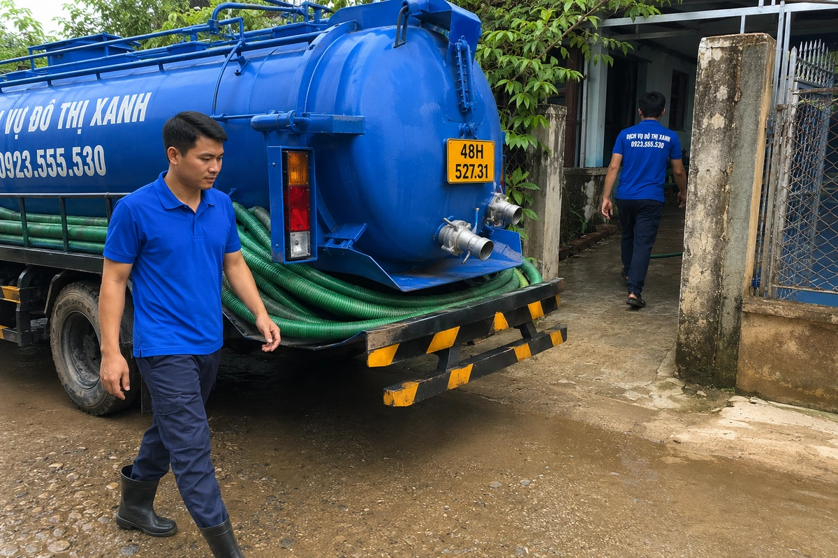 Xe hút hầm cầu đỗ trên đường nhỏ, nhân viên đi vào cổng nhà