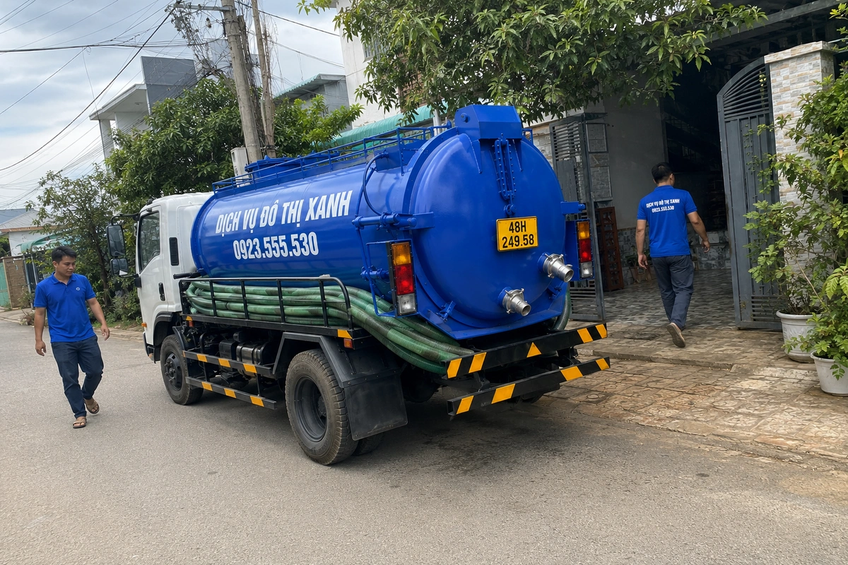 Xe hút hầm cầu và nhân viên trước nhà dân ở Đắk Nông
