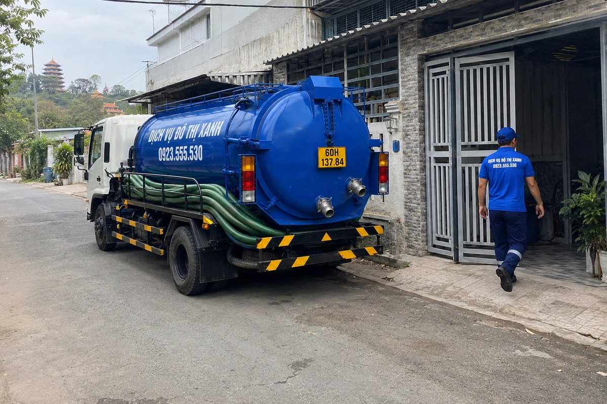 Hút hầm cầu Đồng Nai: khu trọ công nhân, hầm chung lớn 2 Xe hút hầm cầu đậu trên đường khu dân cư