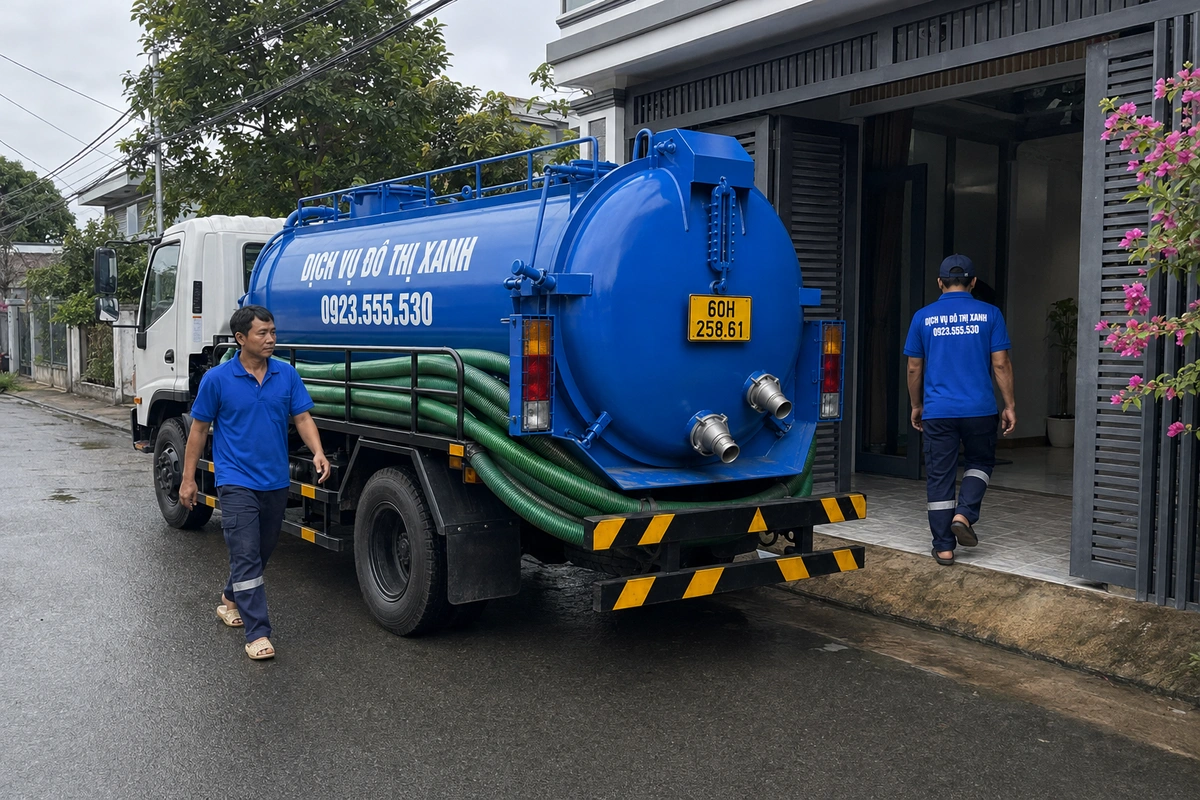 Hút hầm cầu Đồng Nai: khu trọ công nhân, hầm chung lớn 1 Xe hút hầm cầu và nhân viên trước nhà