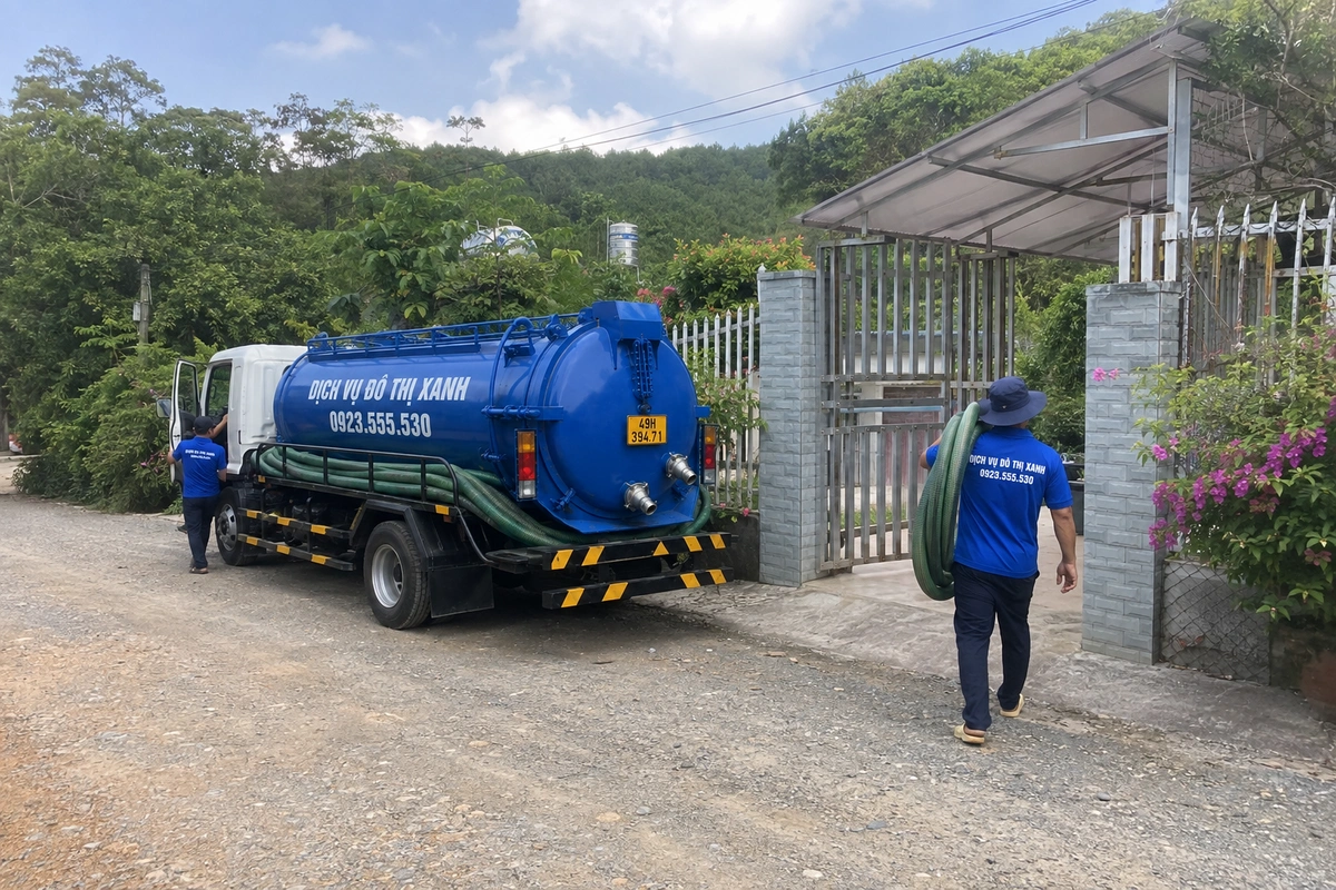 Hút hầm cầu Lâm Đồng cho lưu trú Đà Lạt, vùng rau hoa 4 Xe hút hầm cầu trên đường khu dân cư
