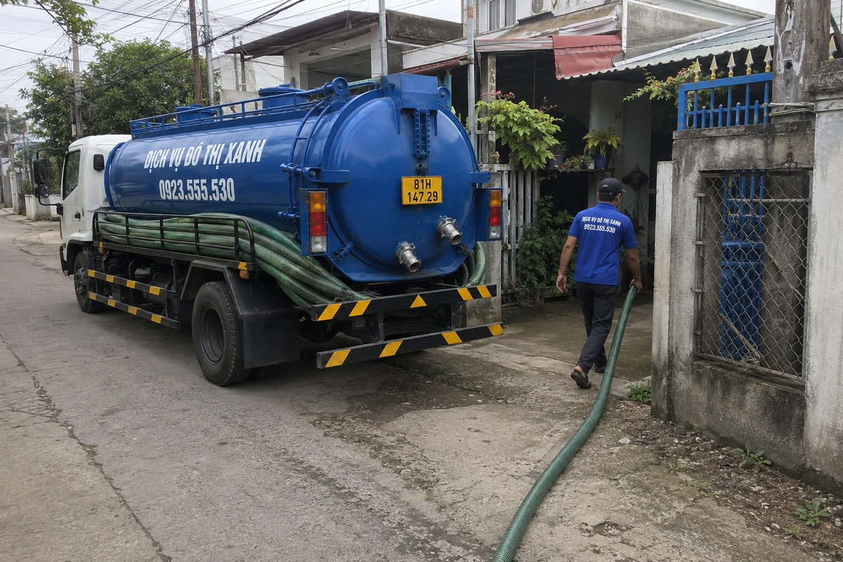 Hút hầm cầu Gia Lai: mùa khô cặn đặc, địa bàn trải rộng 1 Xe hút hầm cầu trước nhà dân