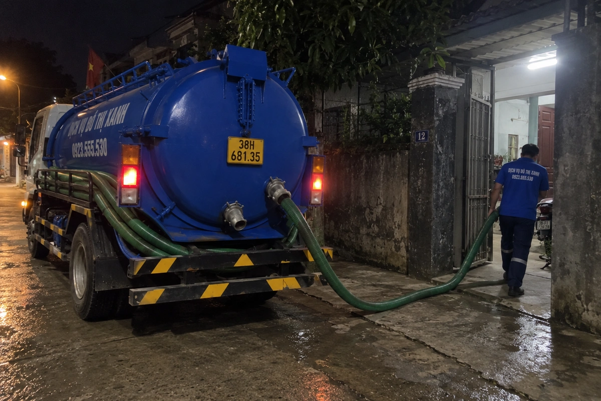Xe hút hầm cầu làm việc vào ban đêm tại Hà Tĩnh