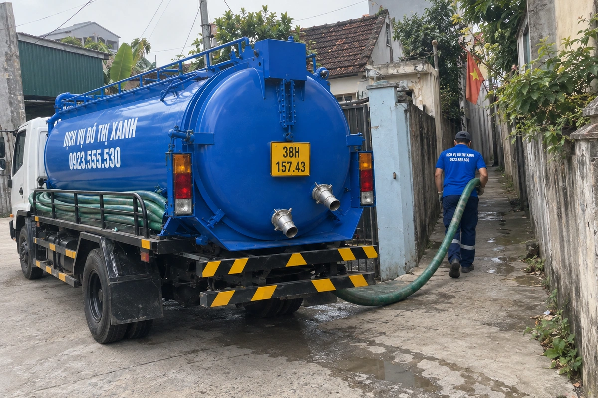 Xe hút hầm cầu tiếp cận công trình trong hẻm tại Hà Tĩnh