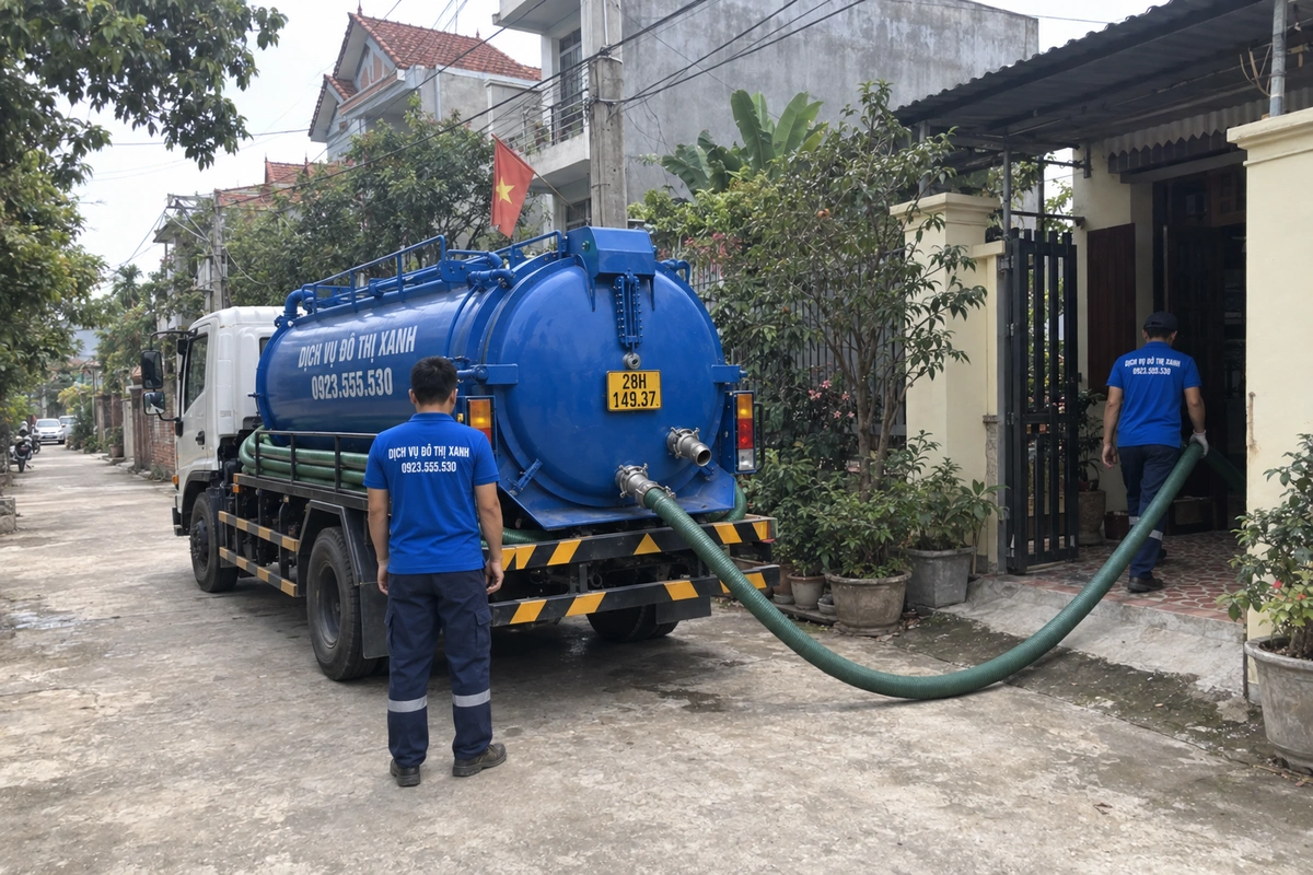 Xe hút hầm cầu và ống dẫn vào nhà tại Hòa Bình