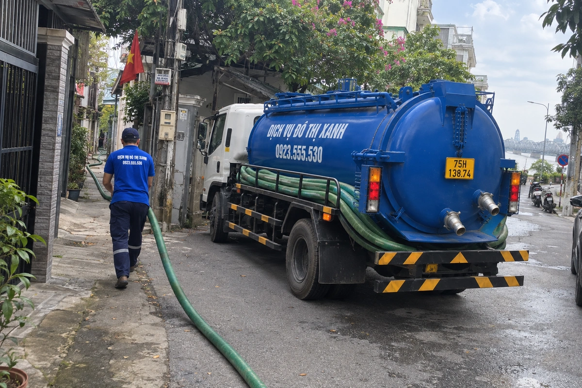 Xe hút hầm cầu đỗ trên đường phố Huế, ống dẫn vào nhà