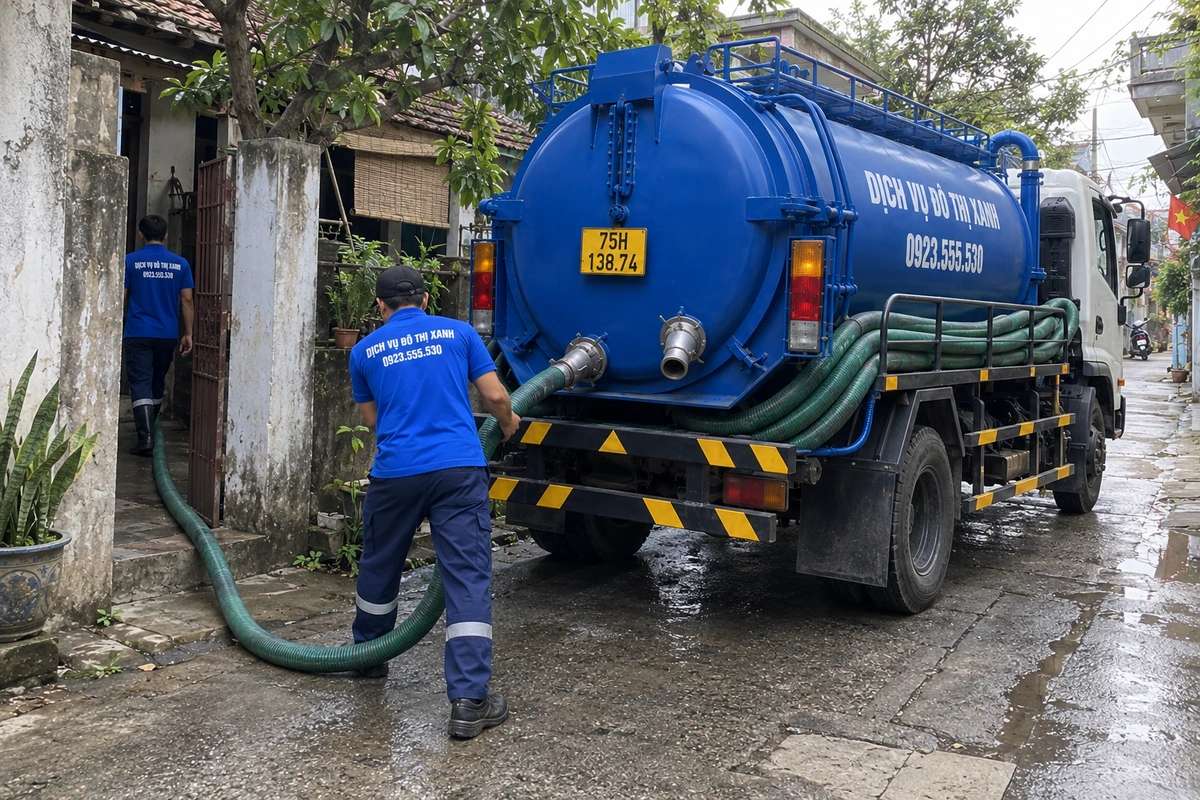 Xe hút hầm cầu và nhân viên bên nhà dân ở Huế