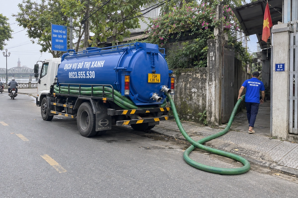 Xe hút hầm cầu đỗ trước nhà dân tại Huế