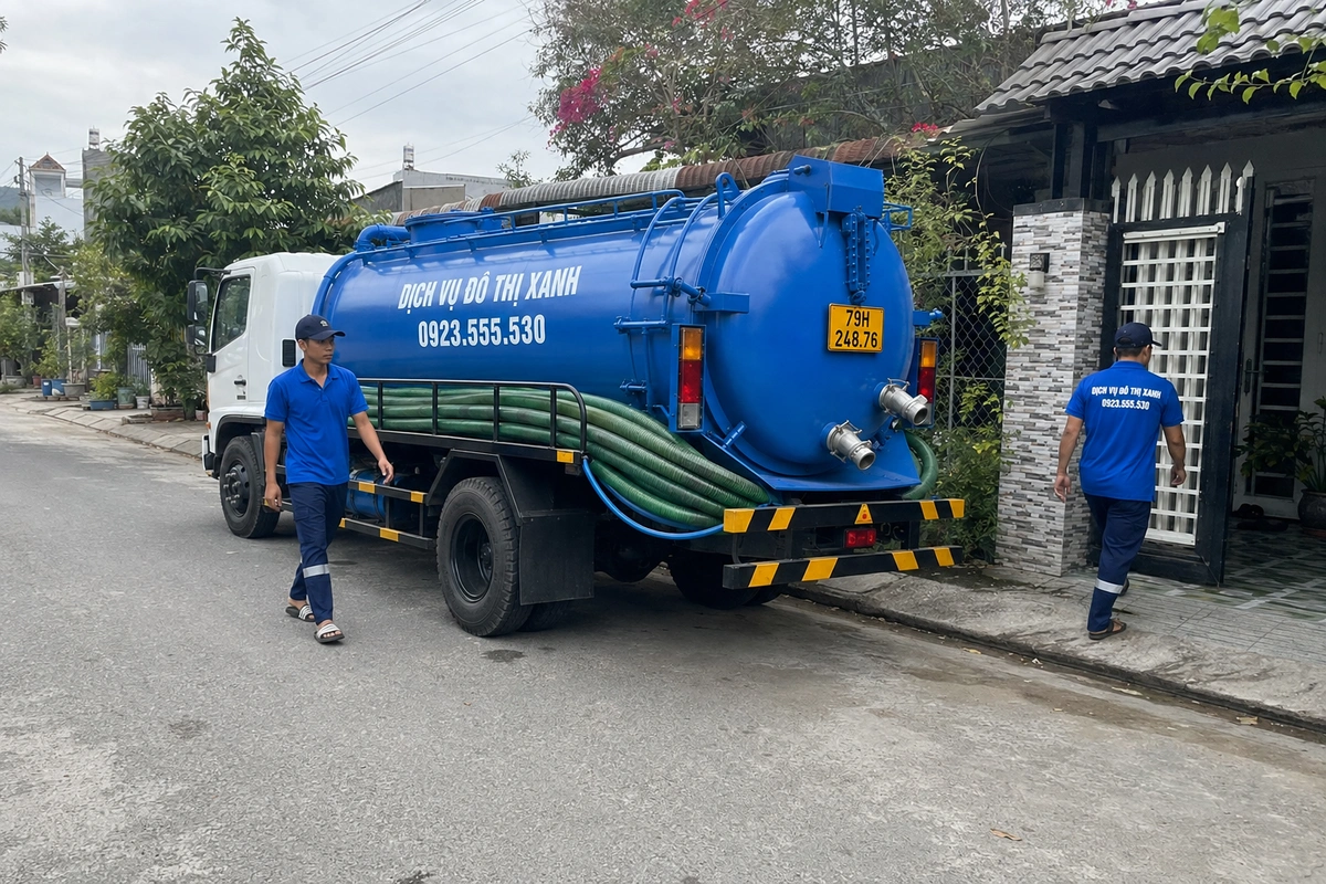 Xe hút hầm cầu và nhân viên trước nhà