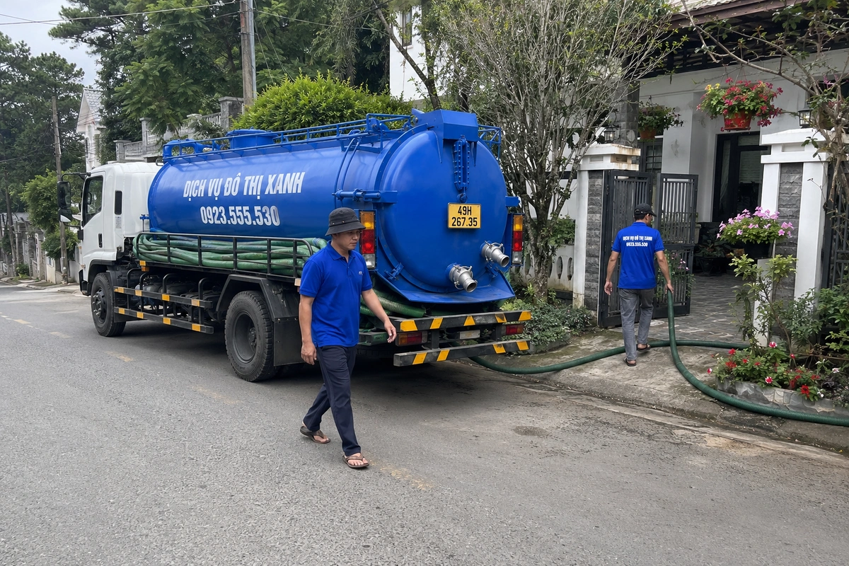 Hút hầm cầu Lâm Đồng cho lưu trú Đà Lạt, vùng rau hoa 1 Xe hút hầm cầu và nhân viên tại khu dân cư Lâm Đồng
