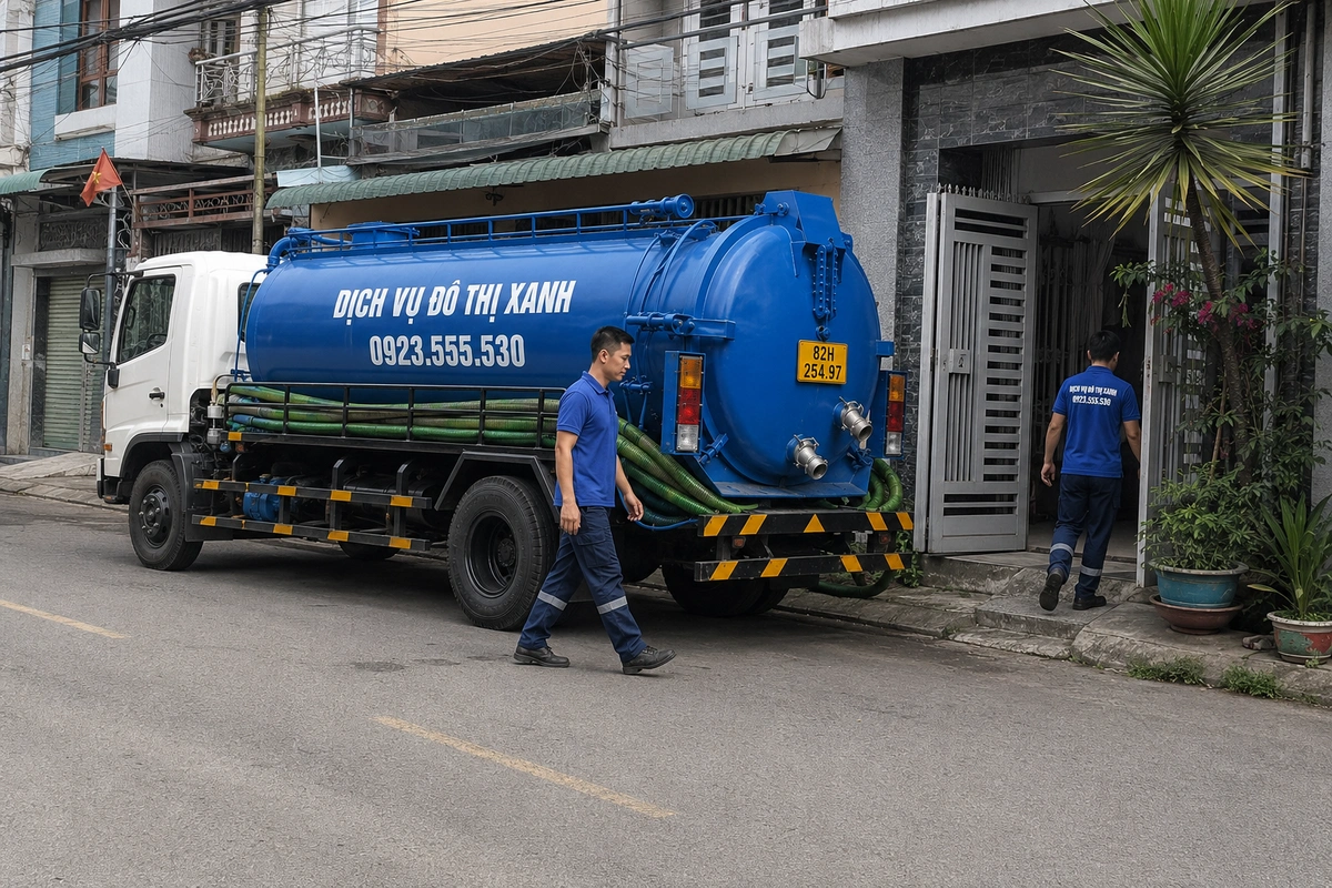 Xe hút hầm cầu dừng trước nhà