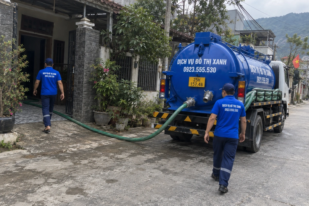 Xe hút hầm cầu và ống dẫn qua cổng tại Lai Châu