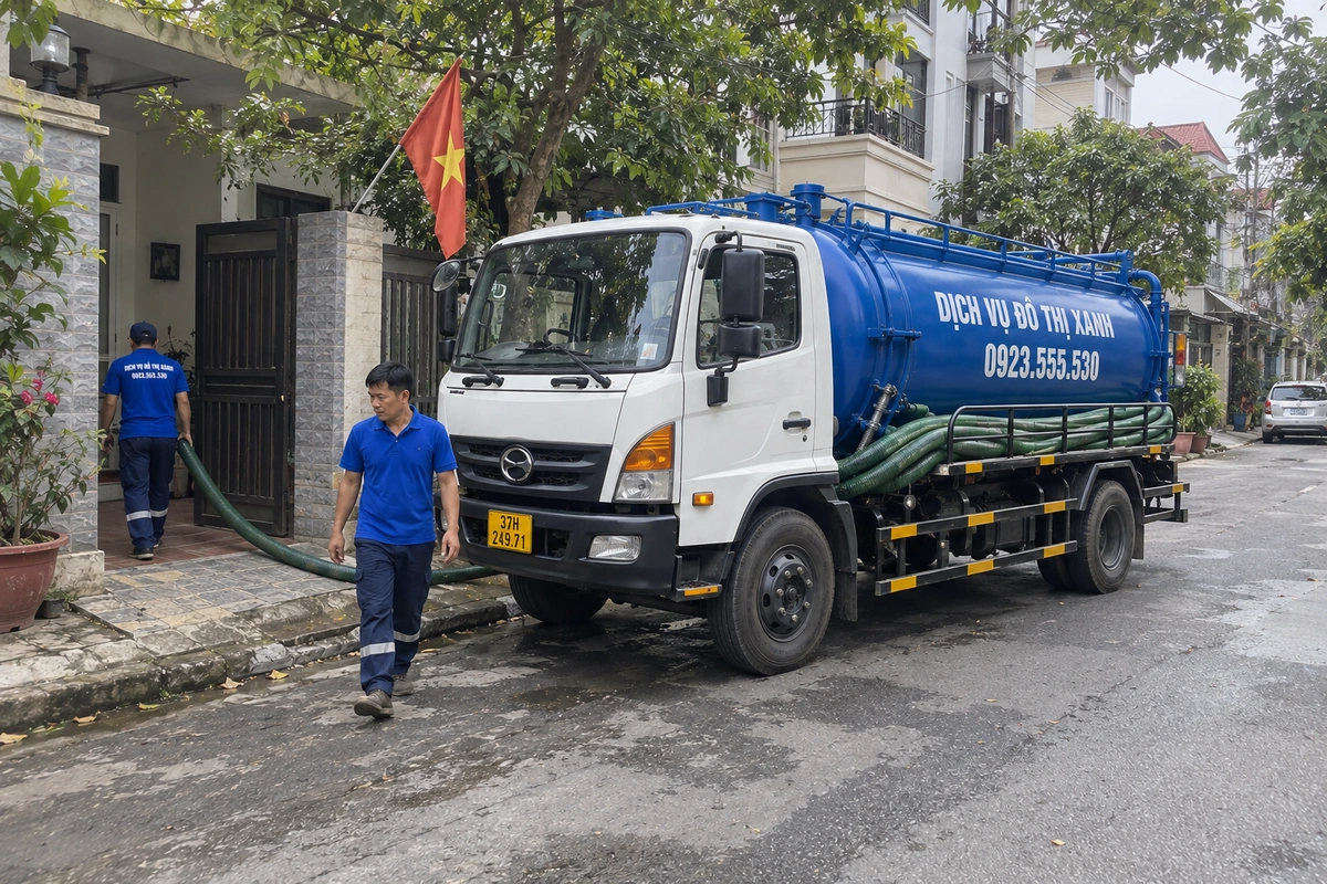 Xe hút hầm cầu và nhân viên trên đường nội bộ tại Nghệ An